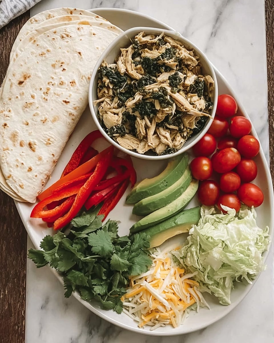 A white oval plate shows a colorful food arrangement on a white marbled surface. On the left, there are four soft white tortillas folded and stacked in a neat pile. Next to the tortillas, there are long bright red strips of bell peppers. At the bottom center, there is a small bunch of fresh green cilantro leaves. Above the cilantro, there is a small pile of off-white shredded cheese. To the right of the cheese, three slices of green avocado are placed in a row. Above the avocado slices, a small round white bowl is filled with cooked shredded chicken mixed with dark green herbs. Surrounding the bowl and avocado, bright red cherry tomatoes still on green stems are arranged. On the far right side of the plate, there is a small mound of shredded light green lettuce. photo taken with an iphone --ar 4:5 --v 7