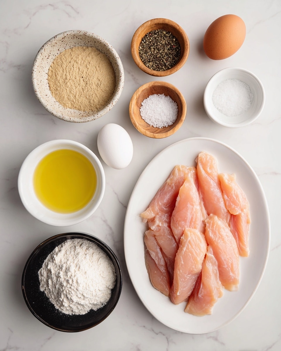 The image shows raw, pink chicken strips placed on a white oval plate on the right side. Surrounding the chicken are small bowls with ingredients: a speckled beige bowl with two piles of light brown powder on the top left, next to it two wooden bowls filled with white salt and black pepper. Below these, a white bowl with a clear liquid, and another white bowl with a yellow oil, both placed on the left side of the chicken. Near the bottom left, a black bowl holds white flour, and close to it is a plain white egg. All items rest on a white marbled surface. Photo taken with an iphone --ar 4:5 --v 7