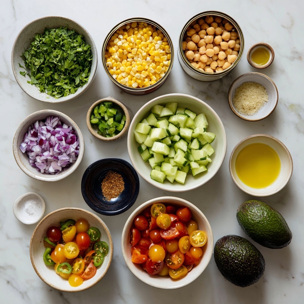 The image shows an overhead view of multiple white bowls and open cans arranged on a white marbled surface, each containing different fresh ingredients. Starting from the top left, a bowl holds finely chopped green cilantro, while to the right is a can filled with light yellowish chickpeas. Below the chickpeas is an open can of bright yellow corn kernels. At the center is a bowl with diced cucumber, showing white and green skin colors. Nearby, a small dark bowl contains minced garlic, and a white bowl next to it holds golden olive oil. To the left of the garlic is a bowl with chopped green jalapeño pieces, and below the cucumber is a larger bowl filled with halved red and orange cherry tomatoes. A bowl containing finely chopped purple-red onion is placed towards the bottom left, while another small white bowl at the bottom center holds light golden honey. Two dark green whole avocados are positioned on the right side. Lastly, a small yellow bowl near the olive oil contains brownish Italian seasoning. The ingredients are neatly spaced, and all bowls sit on the smooth, white marbled background. Photo taken with an iphone --ar 4:5 --v 7