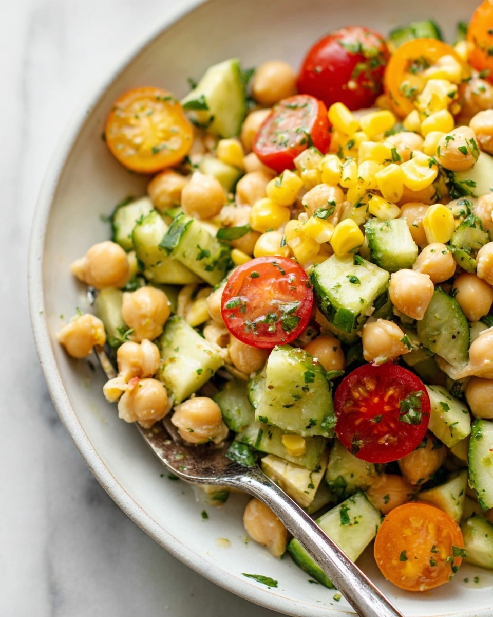 A fresh salad served in a white shallow bowl sits on a white marbled surface. The salad has three main layers: the base of light beige chickpeas; mixed in both bright yellow corn kernels and small cubes of light green cucumber; and topped with sliced halved cherry tomatoes in red and orange. The salad looks fresh and is sprinkled with small bits of green herbs and black pepper, giving it a colorful and vibrant look. photo taken with an iphone --ar 4:5 --v 7