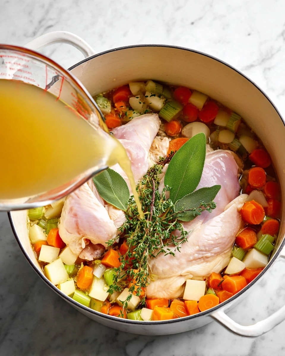 A white pot filled with two raw pale pink chicken pieces placed on top of a colorful mix of diced vegetables including orange carrots, white parsnips, and green celery. Fresh green herbs like thyme, rosemary, and a bay leaf rest on top of the chicken. Light golden broth is being poured from a clear measuring cup into the pot over the ingredients. The pot is on a white marbled surface, and the scene is bright and clean. Photo taken with an iphone --ar 4:5 --v 7