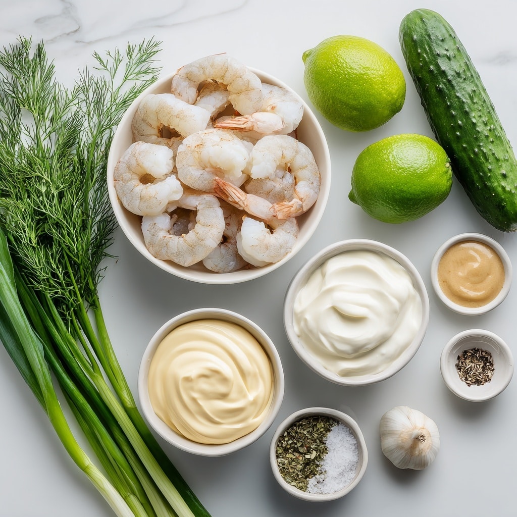 A top view shows a collection of fresh ingredients arranged on a white marbled surface. In the center is a white bowl filled with raw shrimp, pale pink and white with dark tails. Below it is another white bowl with smooth, creamy mayonnaise, light yellow in color. To the right, there is a small bowl with white sour cream. Around these bowls are fresh green onions with white and light green bulbs, a long dark green cucumber, sprigs of fresh dill with feathery green leaves, and two bright green limes. There is also a small white bowl with light brown Dijon mustard, and another small bowl with mixed coarse salt and black pepper. A small garlic clove lies near the green onions. photo taken with an iphone --ar 4:5 --v 7