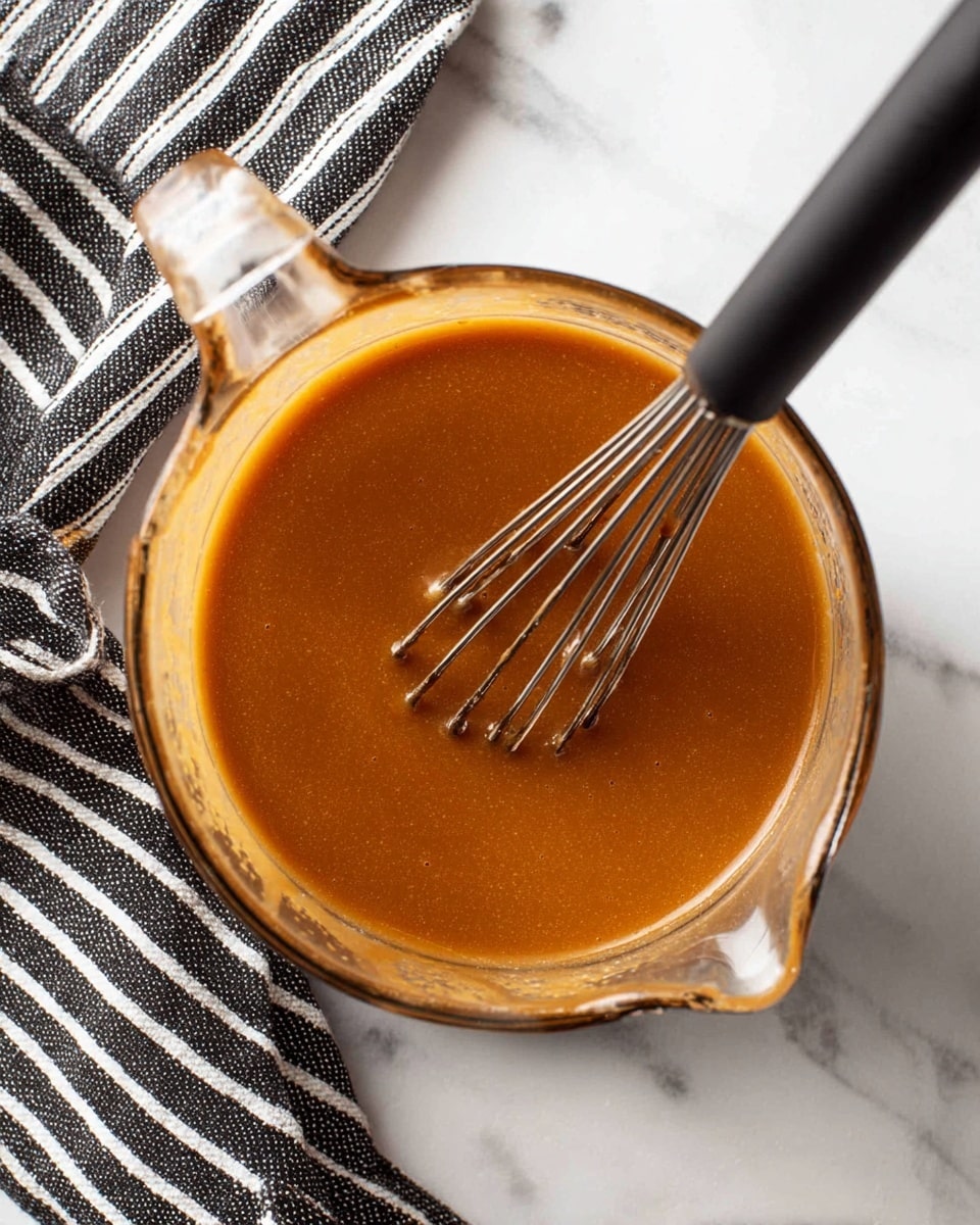 Clear glass measuring cup filled with smooth, thick sauce of rich caramel brown color, a black whisk with metal loops partially dipped inside the sauce, some sauce sticks slightly to the edges of the cup, the scene is on a white marbled surface with a black and white striped cloth nearby, photo taken with an iphone --ar 4:5 --v 7