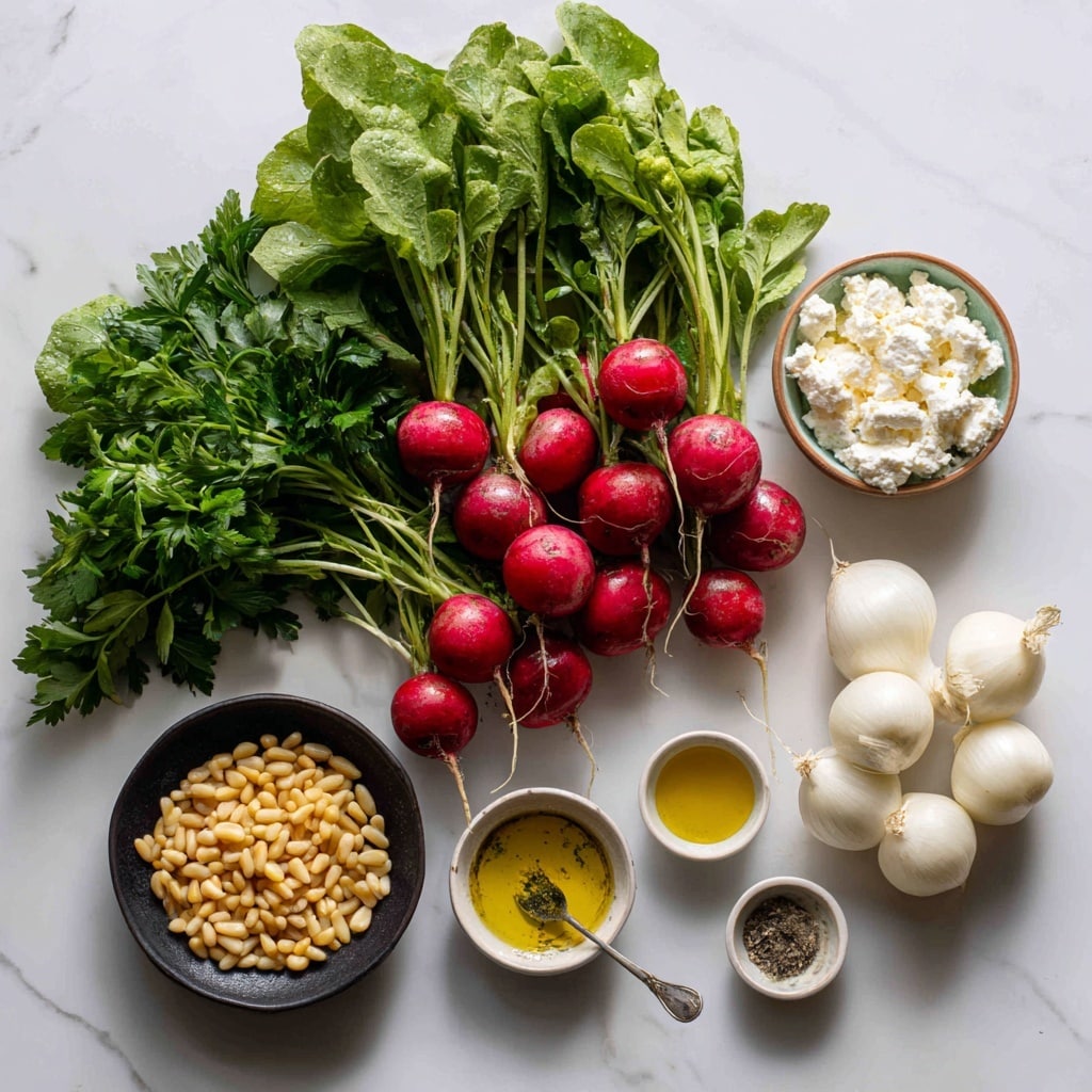 The image shows fresh radishes with bright red round roots and green leafy tops spread out on a white marbled surface at the center. To the left, there is a bunch of green parsley with leafy texture. Below the parsley, a small black bowl holds light yellow pine nuts. In the center, there is a small white bowl filled with white crumbly feta cheese. To the right of the cheese, a pile of smooth white pearl onions rests on the surface. Below them, a small white bowl contains Dijon vinaigrette with a spoon inside. Near the vinaigrette, another small white bowl holds a mix of salt and black pepper. A very small clear bowl with golden olive oil is placed near the parsley. All items are neatly arranged in a flat lay style, with bright natural lighting. Photo taken with an iphone --ar 4:5 --v 7