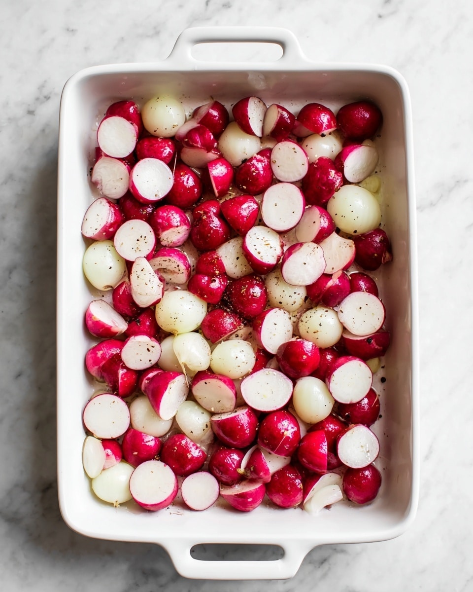 A white rectangular baking dish filled with a single layer of halved red radishes and small whole white pearl onions, spread evenly across the bottom. The radishes show their bright red skin and pale interior, while the pearl onions have smooth, shiny white surfaces. Both vegetables are dotted with small black pepper flakes, adding a touch of contrast. The dish is set on a white marbled surface, giving a clean and fresh look. photo taken with an iphone --ar 4:5 --v 7