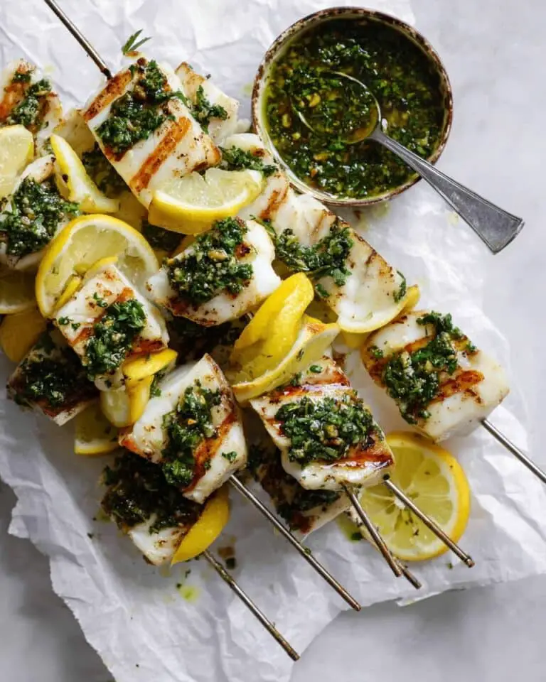 Juicy Grilled Swordfish Skewers with Italian Salsa Verde Recipe