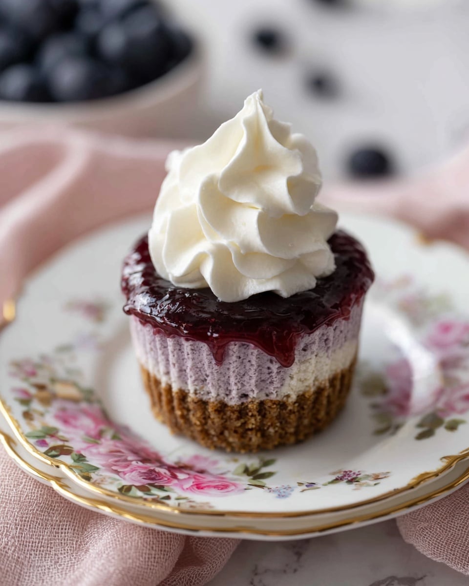 A small dessert with three layers sits on a white plate decorated with a floral pattern and gold edges. The bottom layer is a brown crumb crust. The middle layer is a textured light purple cream. The top layer is a shiny dark red fruit glaze that slightly drips down the sides. On top, there is a large swirl of white whipped cream with soft, fluffy peaks. The plate rests on a pale pink cloth, all set on a white marbled surface with blurred blueberries in the background. Photo taken with an iphone --ar 4:5 --v 7