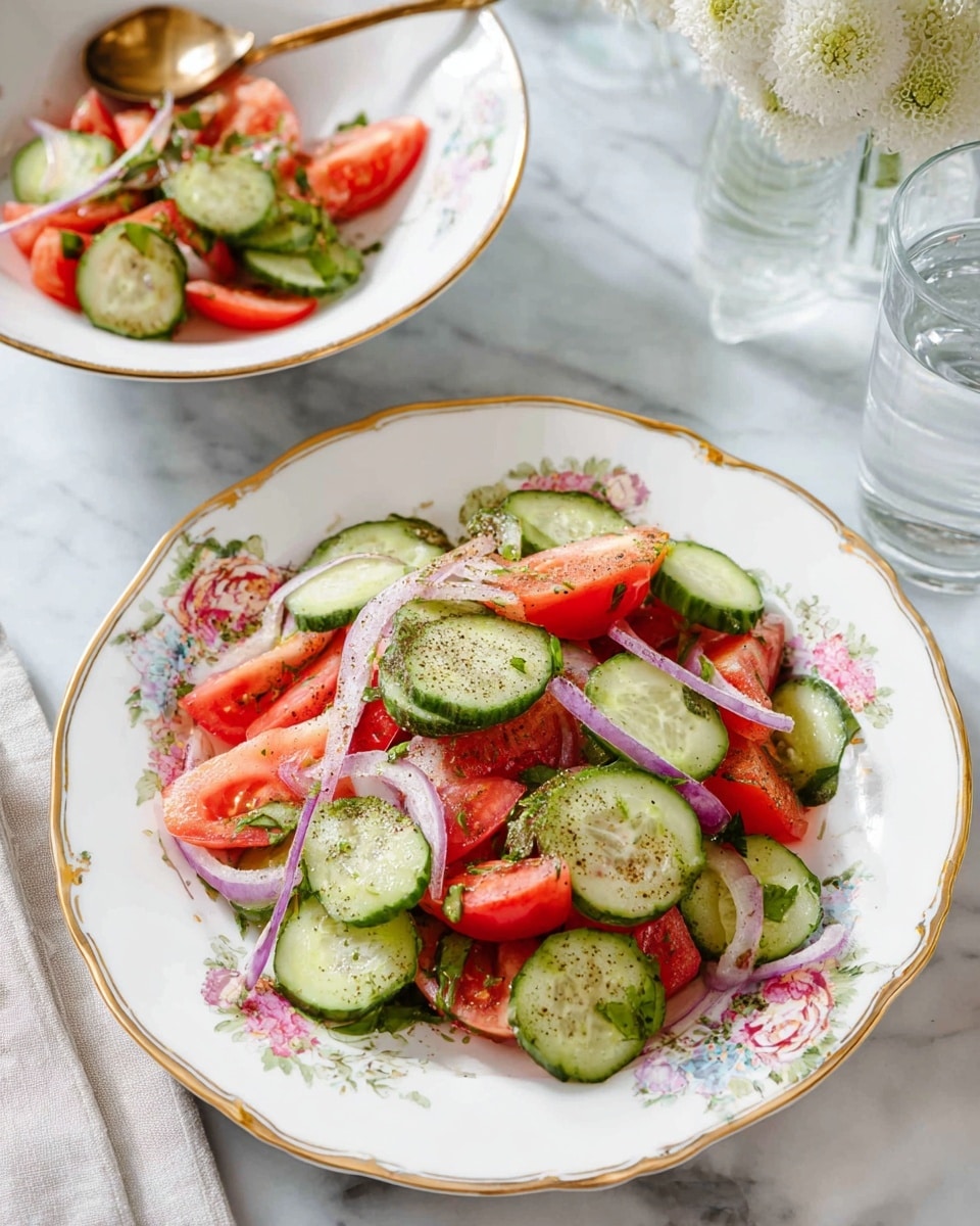 The image shows a fresh salad with three main layers: green cucumber slices, red tomato chunks, and thin pale purple onion slices mixed with small green herb pieces and black pepper sprinkled on top. The salad is served on a white plate with gold and floral edges, while the background is a white marbled surface. A matching white bowl with the same salad and a gold spoon can be seen in the upper part of the image, along with a glass of water and a small white flower arrangement in the background. photo taken with an iphone --ar 4:5 --v 7