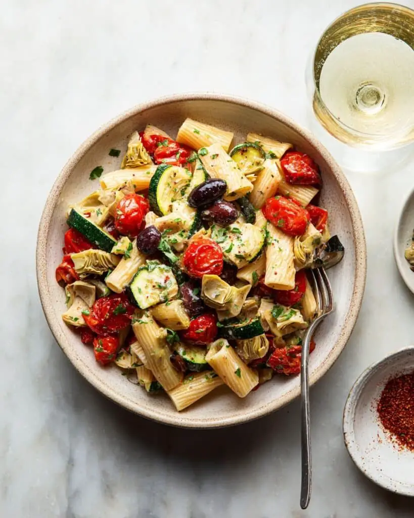 Vegan Summer Pasta with Zucchini, Tomatoes, and Artichoke Hearts Recipe