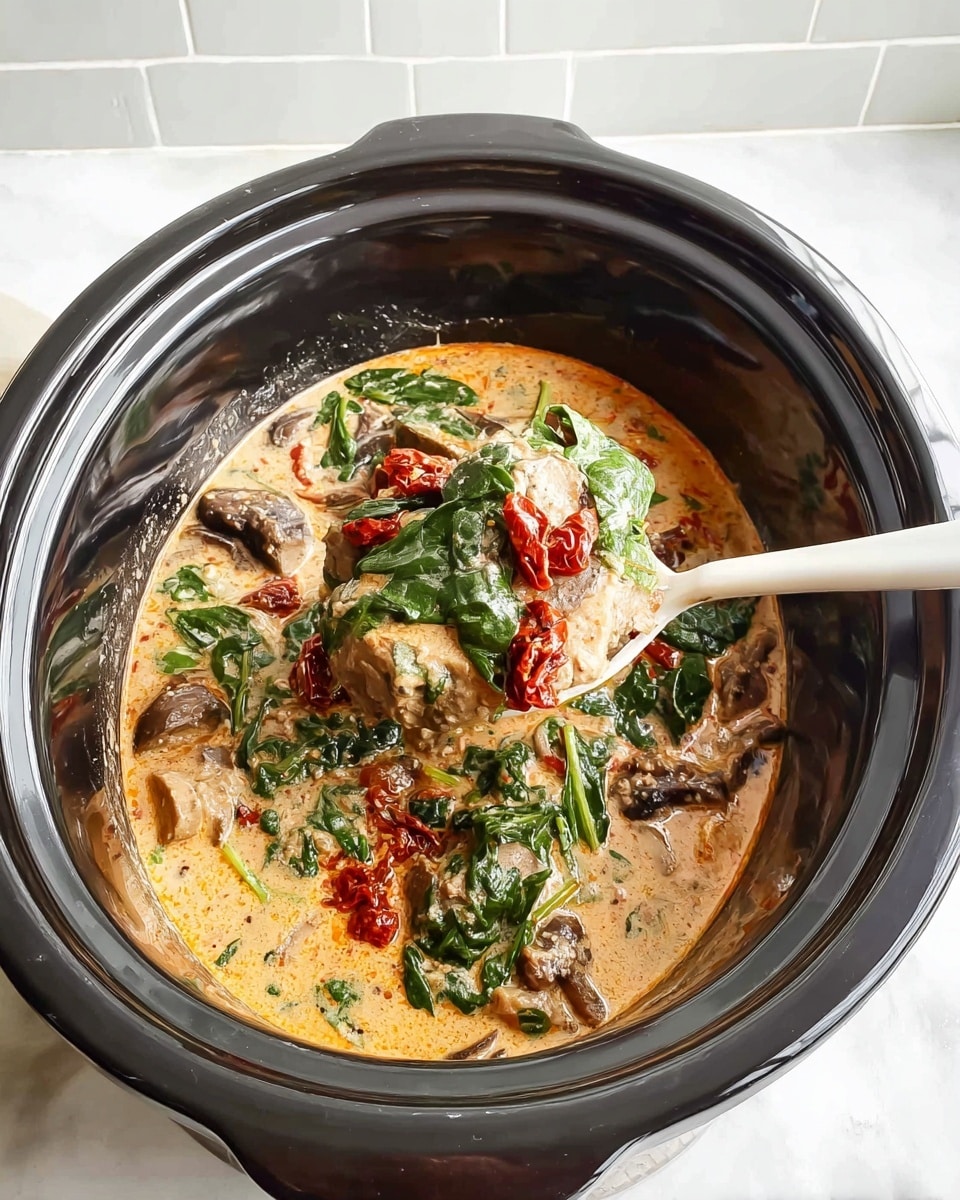 The image shows a black slow cooker filled with a creamy orange sauce base. Within the sauce, there are dark brown sliced mushrooms spread around the edges. Bright green leafy spinach is mixed in, with some red sun-dried tomatoes adding color contrast. In the center, a white spoon holds a piece of light brown cooked meat topped with spinach and sun-dried tomatoes. The slow cooker is placed on a white marbled surface with white tiles in the background. Photo taken with an iphone --ar 4:5 --v 7