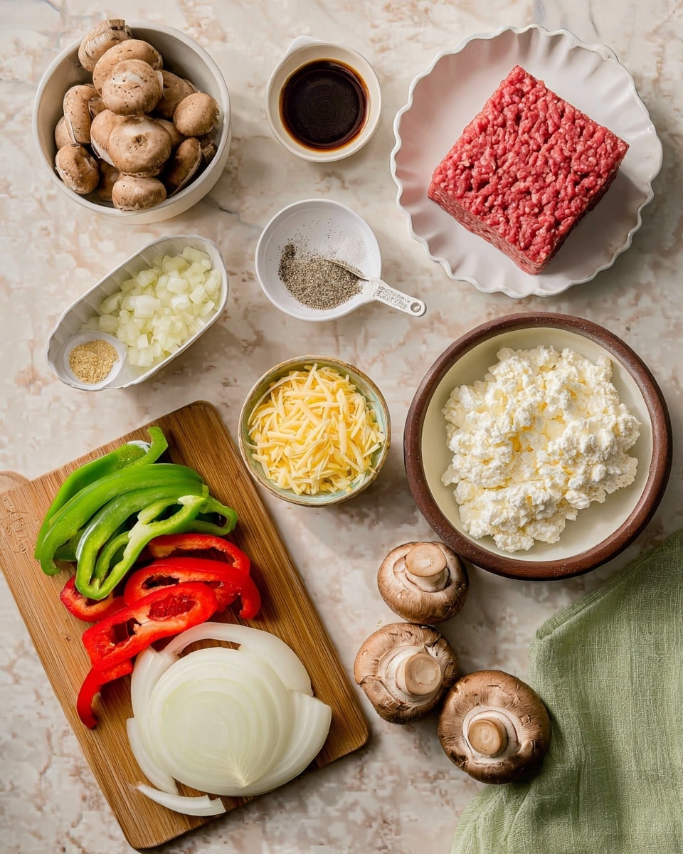 The image shows raw ingredients arranged neatly on a white marbled surface. At the top right, there is a white scalloped plate holding a square block of red ground meat. Below it, on the right side, there is a brown bowl filled with creamy white cottage cheese. Next to it, there is a small white bowl with a mix of salt, black pepper, and garlic powder. Below that, a small wooden bowl holds shredded yellow cheese. On the left side, there is a white bowl full of brown mushrooms. Above it, a small white scalloped dish contains a dark sauce, and above that, a small brown bowl has minced garlic. At the bottom left, a wooden cutting board carries thinly sliced white onions, green bell peppers, and red bell peppers arranged in lines. Near the center, two loose brown mushrooms rest on the white marbled surface. On the right, a small white scalloped plate holds various colorful spices with a white measuring spoon showing