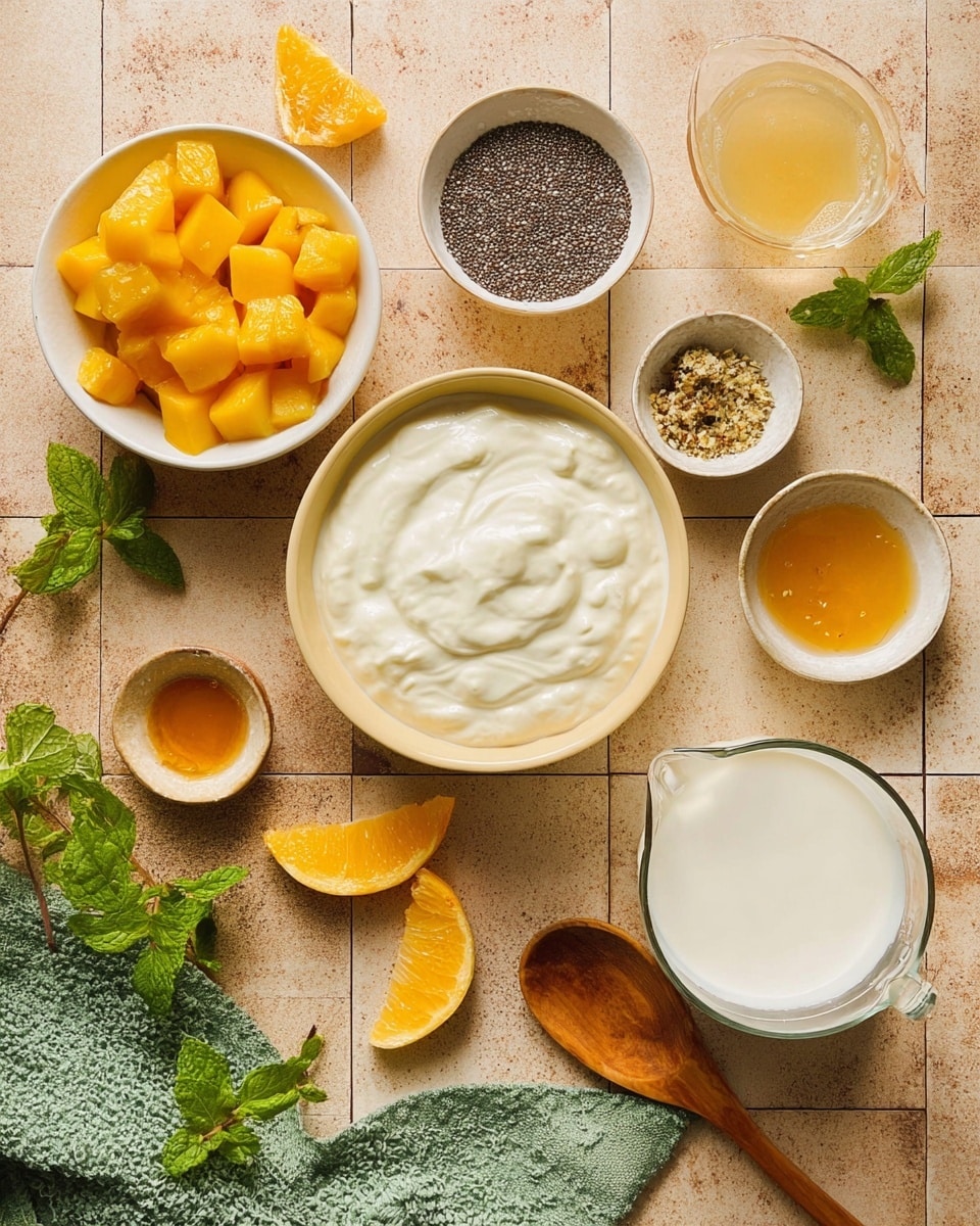Top view of a cooking setup showing several small white bowls and one beige bowl on a light brown tiled surface. The beige bowl in the middle holds a thick white creamy mixture. Around it are white bowls filled with orange chunks of fruit, tiny black seeds, white powder, a light golden liquid, and a darker golden liquid. A small glass measuring cup with white milk is placed on the right. There is a wooden spoon on a green textured cloth at the bottom left corner. Fresh green mint leaves and scattered slices of the orange fruit add natural touches. photo taken with an iphone --ar 4:5 --v 7