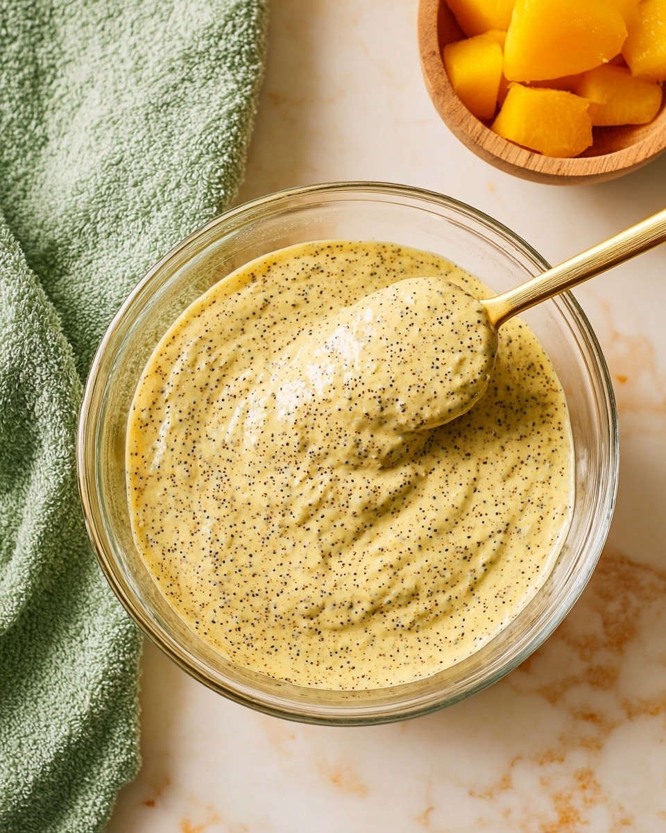 A clear glass bowl filled with a thick, creamy yellow mixture with tiny black chia seeds spread evenly throughout. A golden spoon is partially submerged in the mixture, lifting a scoop that reveals a smooth texture with visible seeds. The bowl sits on a white marbled surface, next to a soft green towel and a small wooden bowl containing yellow fruit pieces. The photo captures a top-down view with warm natural lighting, highlighting the textured mixture and clean surrounding items photo taken with an iphone --ar 4:5 --v 7