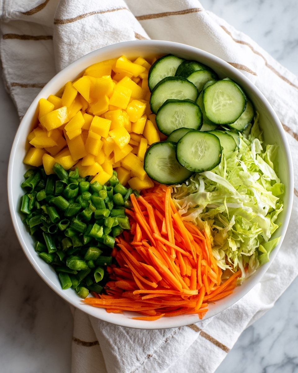 A white bowl is arranged with five distinct layers of vegetables from left to right: small bright yellow diced mango pieces, thinly sliced round cucumber slices with a light green center and dark green peel, thin oval-shaped orange carrot slices, shredded light green cabbage with a soft texture, and chopped dark green snap peas cut into small pieces. The bowl sits on a white marbled surface with a white cloth featuring thin brown stripes partially visible underneath. The image is clean and bright with each vegetable layer clearly separated, showing fresh colors and textures photo taken with an iphone --ar 4:5 --v 7