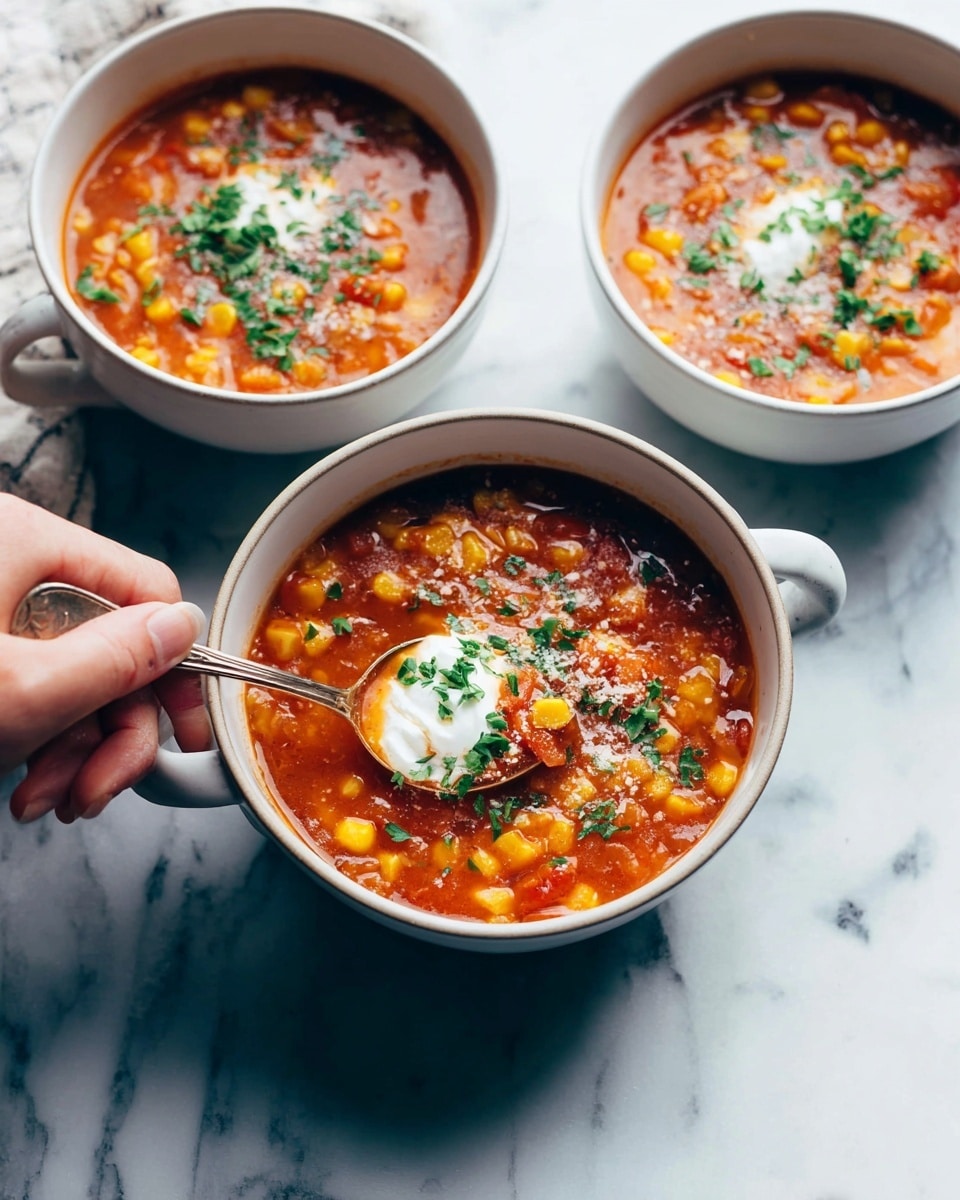 Three bowls of soup sit on a white marbled surface, each bowl white with a round handle. The soup shows bright orange and yellow pieces, likely vegetables or corn, in a rich red broth. On top of the soup is a dollop of white cream sprinkled with green chopped herbs and some white grated cheese or powder. In the front bowl, a spoon is inside with a woman's hand resting on the edge of the bowl, and the spoon is just lifting into the soup. Photo taken with an iphone --ar 4:5 --v 7