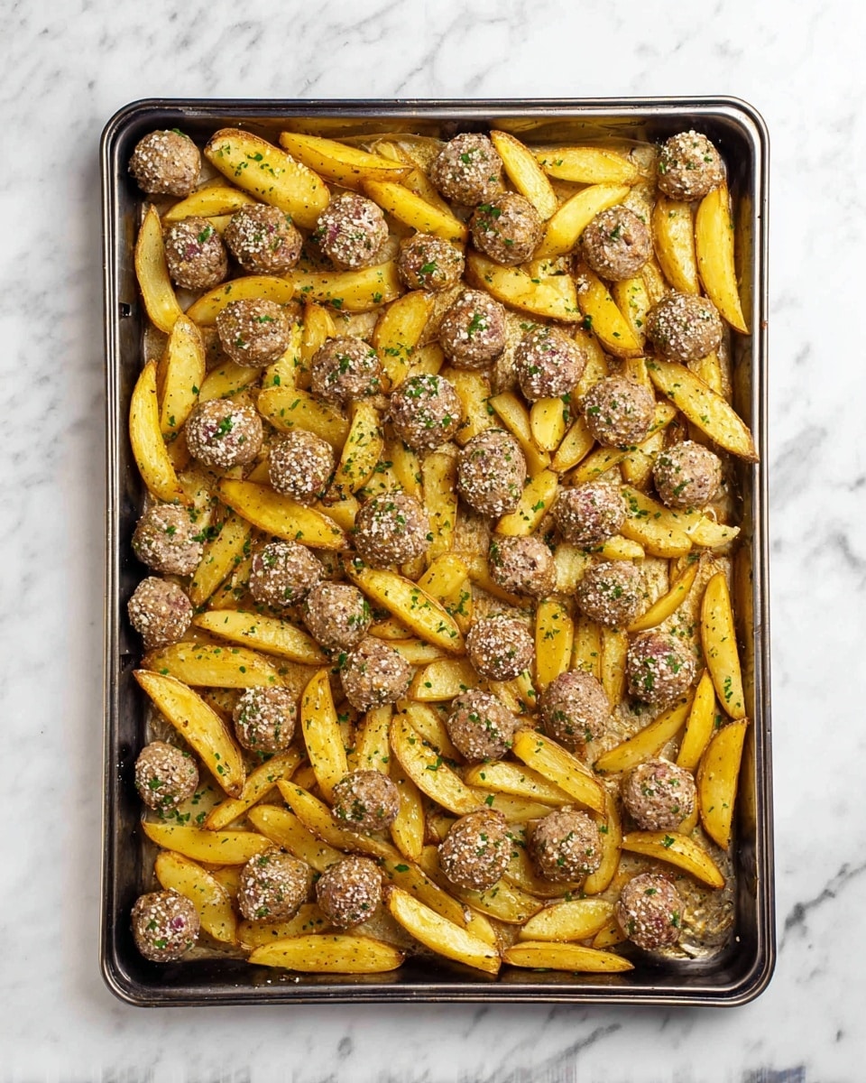 A baking tray filled with two layers: the bottom layer has golden yellow potato wedges seasoned with herbs and spices, spread evenly across the tray. On top of this layer, round meatballs mixed with white bits, possibly cheese, and green herbs are placed evenly in between the potato wedges. The tray rests on a white marbled surface. photo taken with an iphone --ar 4:5 --v 7