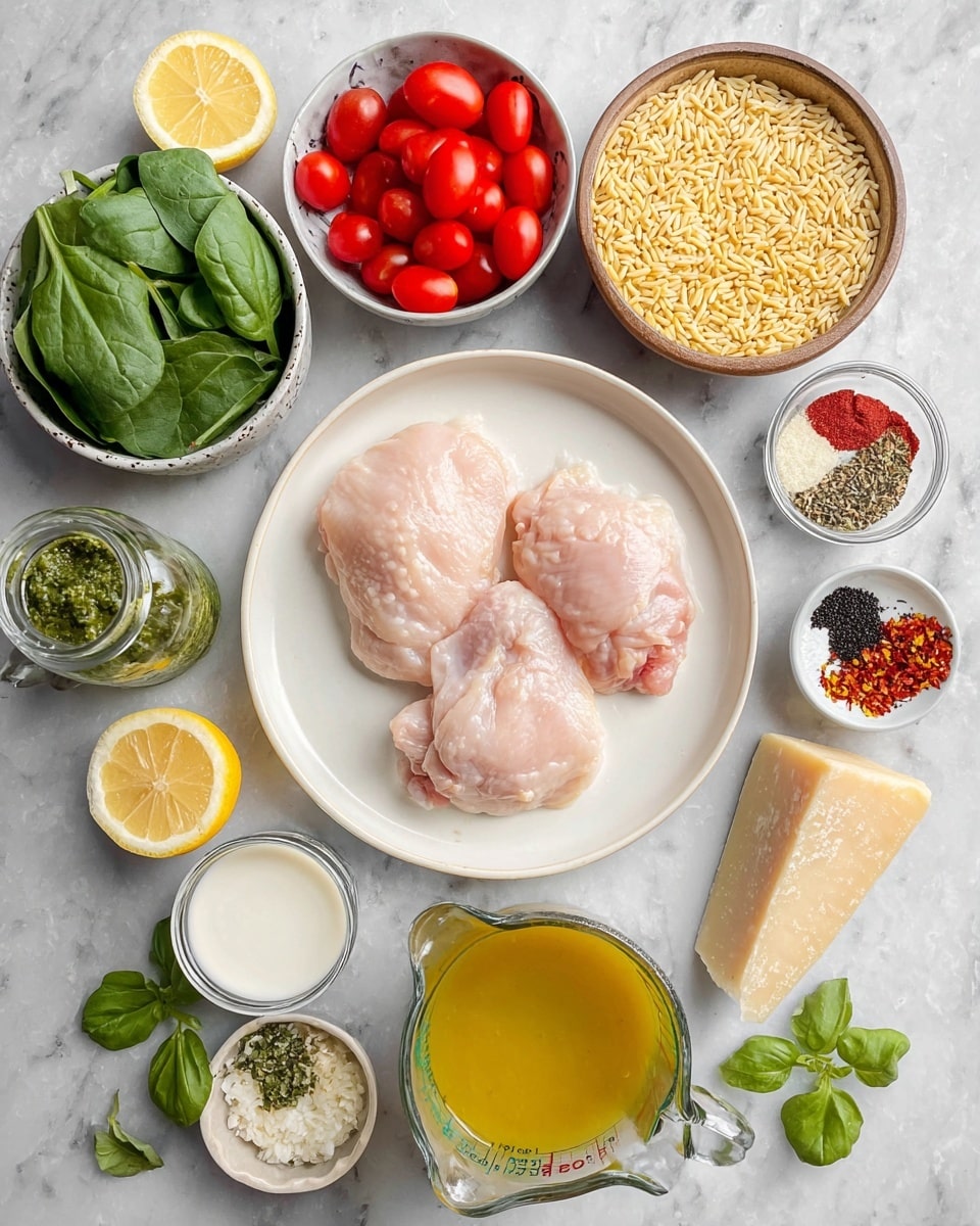 The image shows a white plate with three raw, pale pink chicken pieces placed in the center. Around the plate, there are several small white and brown bowls and containers with different ingredients: a white bowl with bright red cherry tomatoes, a white bowl with fresh green spinach leaves, a brown bowl filled with uncooked orzo pasta, a white small plate with four sections of spices including black, red, white, and mixed colors, a small bowl with finely chopped garlic, a measuring cup filled with yellow broth containing herbs and bits of garlic, a measuring cup with white cream, a jar of pesto with green sauce visible, a bright yellow lemon, a wedge of Parmesan cheese with a beige label, and a few scattered green basil leaves. All items are placed on a white marbled surface. photo taken with an iphone --ar 4:5 --v 7