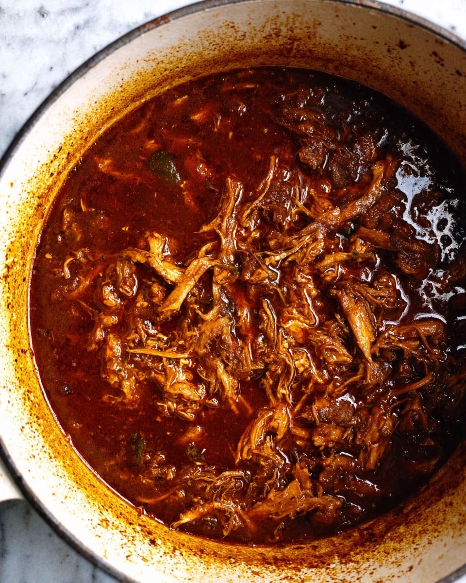 A close-up top view of a large white pot filled with shredded meat simmering in rich, dark reddish-brown sauce, showing visible strands of tender meat soaked in thick sauce with some oil glistening on top, the pot edges stained slightly with sauce, all placed on a white marbled surface photo taken with an iphone --ar 4:5 --v 7