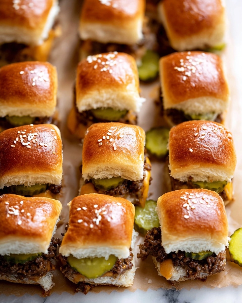 The image shows 15 small sandwich sliders arranged close together on a light brown parchment paper over a white marbled surface. Each slider has three layers: a shiny golden-brown top bun sprinkled with a few white sesame seeds, a middle layer with dark brown cooked ground meat and green crinkled pickle slices, and a light orange creamy sauce layer just under the top bun. The bottom bun is soft and white, completing the sandwich. A few pickle slices are scattered around the sliders. Photo taken with an iphone --ar 4:5 --v 7