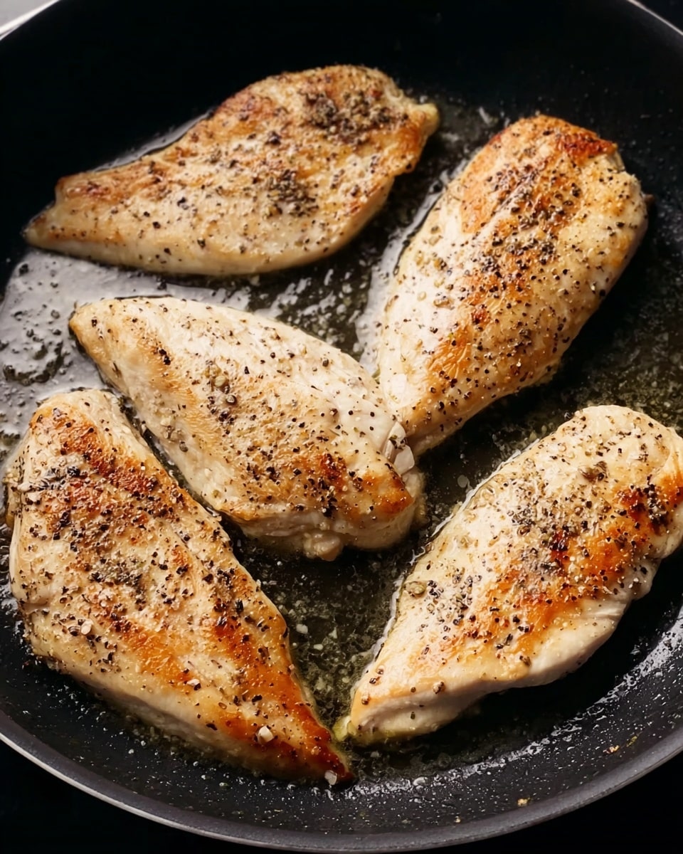 The image shows four cooked chicken fillets in a dark frying pan. Each fillet has a light golden brown color with visible seasoning of black pepper on top. The fillets are arranged with two on the right side and two on the left, with a slight shine from cooking oil and some melting butter near the center. The surface of the pan is shiny and slightly oily, reflecting the cooked texture of the chicken, which looks tender with some crisp edges. photo taken with an iphone --ar 4:5 --v 7