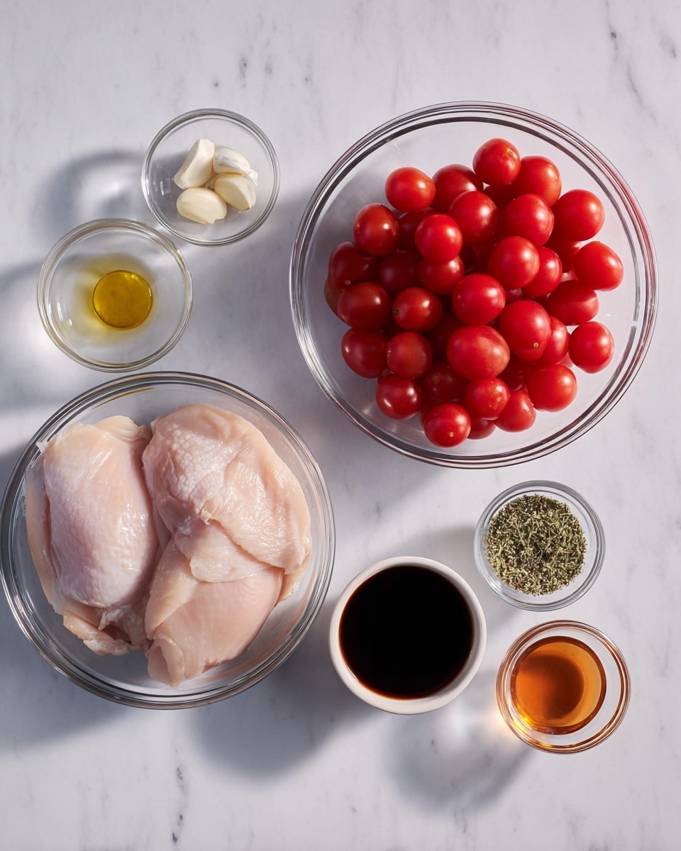 A clear glass bowl on the left holds three raw chicken pieces with a smooth, pale pink texture as the main layer. To the right of it, a clear glass bowl is filled with many small, bright red cherry tomatoes, shiny and piled high. Surrounding these two larger bowls are smaller clear glass bowls containing different ingredients: a small dollop of yellow mustard at the top left; three peeled garlic cloves at the bottom right; a dark soy sauce-like liquid in a bowl near the center right; a pale amber liquid in a bowl at the top right; and a white bowl holding three sections of herbs and spices—white salt, black pepper, and green dried herbs. All items are placed on a white marbled surface with soft natural light casting gentle shadows. photo taken with an iphone --ar 4:5 --v 7
