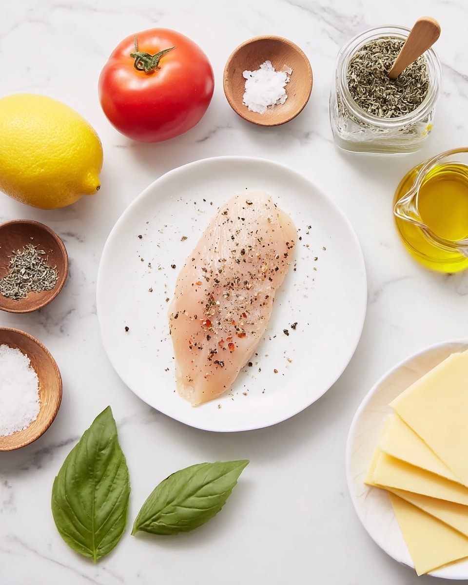 A thin raw chicken fillet lightly sprinkled with black pepper rests in the center of a clean white plate, surrounded by ingredients arranged on a white marbled surface. To the left are a whole lemon with bright yellow skin, a fresh red tomato, a small wooden bowl of coarse black pepper with a tiny wooden spoon, and another wooden bowl of salt with a small wooden spoon. Below the plate, a fresh green basil leaf lies flat. To the right, a smaller white plate holds stacked slices of pale yellow cheese, next to a clear glass jar with dried herbs and a small bottle of golden yellow olive oil. Photo taken with an iphone --ar 4:5 --v 7
