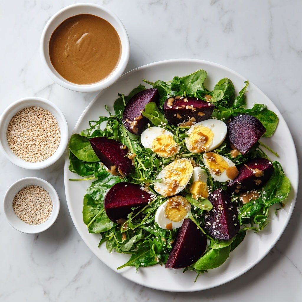 A white plate holds a salad with two layers: the bottom layer has fresh green leaves like spinach and arugula spread evenly, and the top layer is arranged with shiny, dark purple roasted beet wedges placed in a circular pattern. Above the plate, two small white bowls sit on a white marbled surface—one bowl is filled with light tan sesame seeds, and the other holds a smooth, medium brown dressing. The scene features soft natural light and a beige and green cloth partially visible at the bottom left. Photo taken with an iphone --ar 4:5 --v 7