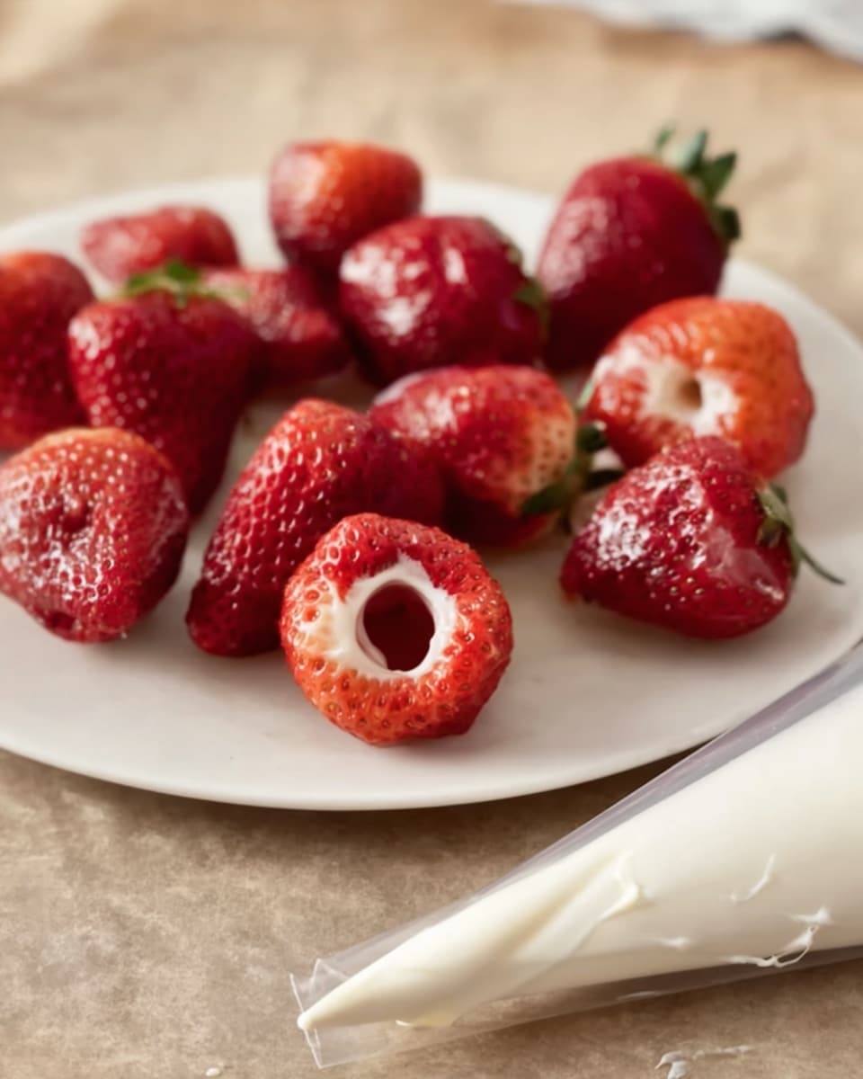 A white plate holds about ten bright red strawberries with their tops removed, creating hollow spaces at the crown of each berry. The strawberries are arranged casually, some showing the white inside where the tops used to be, with a smooth shiny texture on the outside. In the foreground, a piping bag filled with white cream lies on a beige surface with some spilled liquid nearby. The focus is soft around the edges but clear on the strawberries and piping bag. Photo taken with an iphone --ar 4:5 --v 7