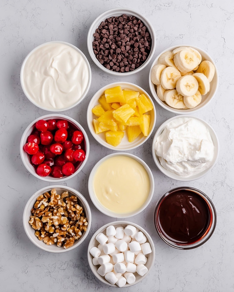 The image shows an arrangement of small white bowls on a white marbled surface, each filled with different ingredients. Starting from the top left, there is a bowl full of smooth, creamy white topping, followed by a bowl with small dark brown chocolate chips, and a bowl with banana slices in a pale yellow color. Below these, there is a bowl with bright red cherries, a bowl with chopped walnuts in light brown shades, and another bowl filled with yellow pineapple chunks. Toward the center is a bowl with pale yellow creamy sauce, a bowl with white whipped cream, a bowl with red cherry pie filling, a bowl filled with small white marshmallows, and finally, a bowl of dark chocolate sauce with a smooth texture. photo taken with an iphone --ar 4:5 --v 7