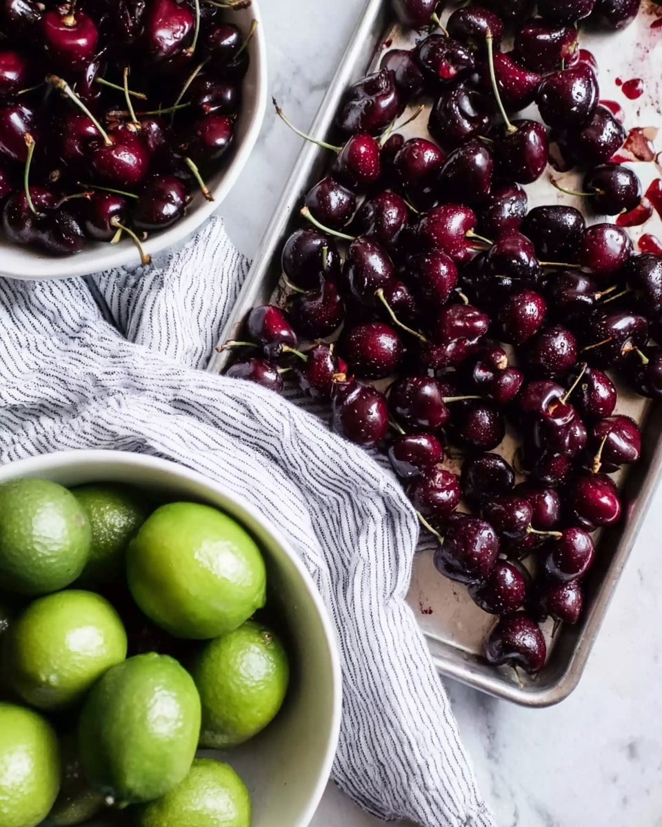 The image shows a white tray filled with dark red cherries, some with pits removed, placed on a white marbled surface. To the top left, a white bowl is overflowing with more dark red cherries, some with stems. Below and to the left, there is a white bowl full of bright green limes. The tray and bowls sit on a light gray fabric with thin, darker stripes, adding texture to the scene. The overall colors create a strong contrast between the deep red cherries, vibrant green limes, and the clean white marbled background. Photo taken with an iphone --ar 4:5 --v 7