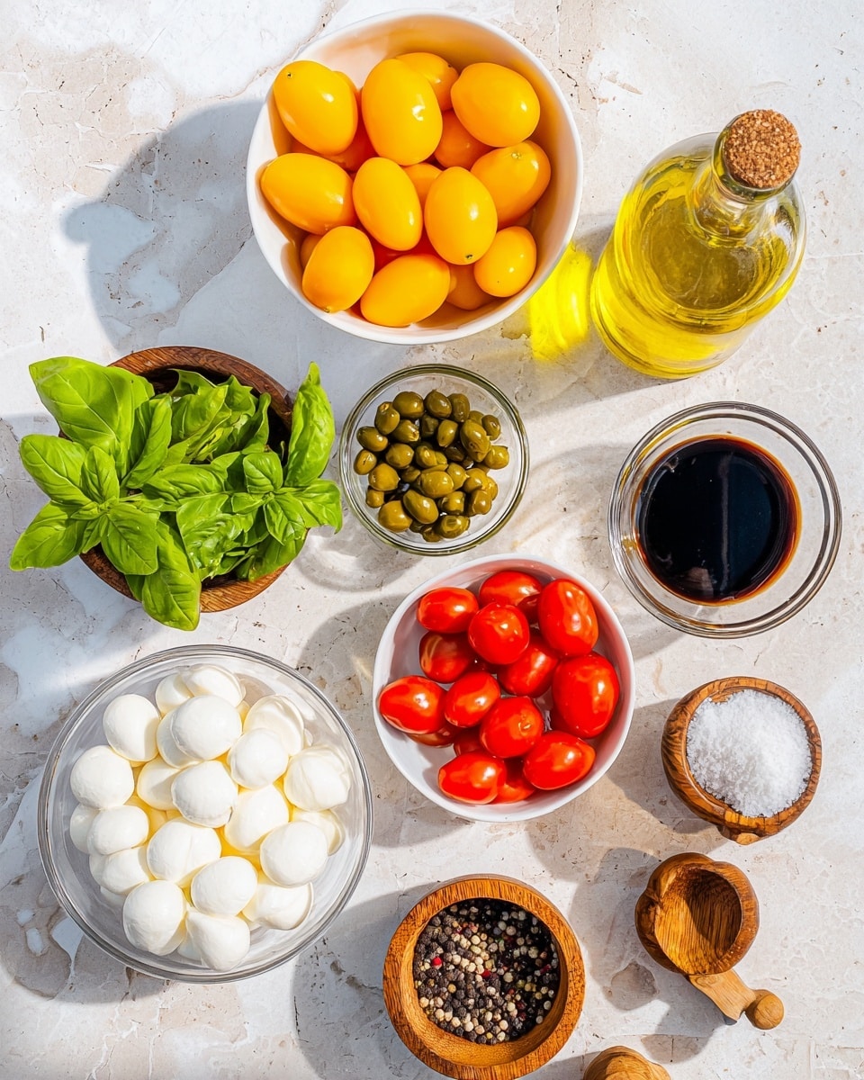 The image shows an arrangement of fresh ingredients on a white marbled surface, including five white bowls and two wooden containers. The top left bowl is filled with smooth, bright yellow oval tomatoes, while the bowl below it contains shiny, round red cherry tomatoes, some spilled on the surface. To the right of the yellow tomatoes is a bottle filled with golden olive oil. The bowl in the center holds bright green basil leaves, and above it is a smaller bowl with small green capers. A small glass container near the right edge holds thick, dark balsamic vinegar. At the bottom left, a clear bowl is filled with smooth, white mozzarella balls. To the right are two round wooden containers, one filled with mixed black and white peppercorns with a small wooden scoop, and the other with coarse white salt and a wooden scoop. The lighting is bright and natural, highlighting the fresh and colorful textures of the ingredients. Photo taken with an iphone --ar 4:5 --v 7