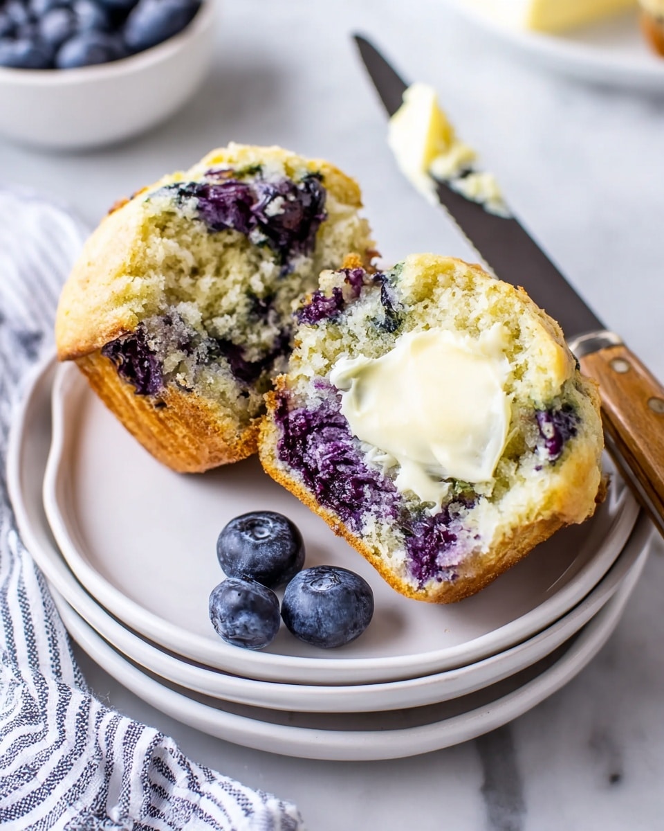 A blueberry muffin is broken in half on a stack of white plates, showing its soft, light golden inside filled with dark purple blueberries. The top is golden brown and slightly crispy. One half has a spread of creamy butter melting onto the crumb, with visible blueberries embedded in the muffin. Next to the muffin, three fresh blueberries sit on the plate, and a butter knife with a wooden handle rests close by on a white marbled surface. A white and blue striped cloth is partially visible on the side. Photo taken with an iphone --ar 4:5 --v 7