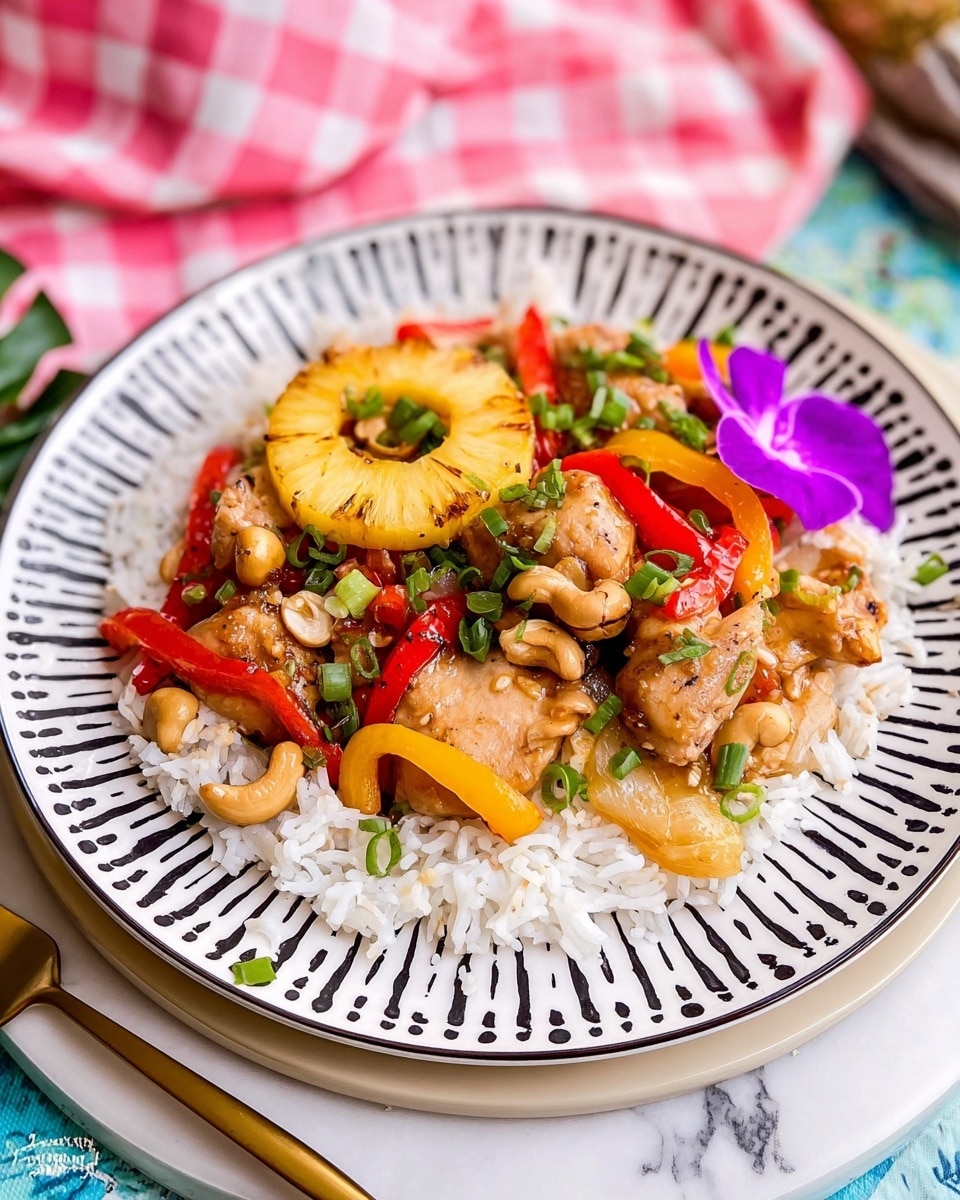 A white plate with black geometric patterns sits on a larger white plate with a light blue rim, holding a dish of white rice topped with pieces of cooked chicken, bright red and yellow bell peppers, whole cashew nuts, and a grilled pineapple ring. The chicken is golden brown with light sauce, and the vegetables add a pop of color. Green chopped scallions are sprinkled evenly over the top. A purple flower is placed on the edge of the plate for decoration. The setting is on a white marbled surface with a pink and white checkered cloth nearby, along with a gold fork on the side. photo taken with an iphone --ar 4:5 --v 7