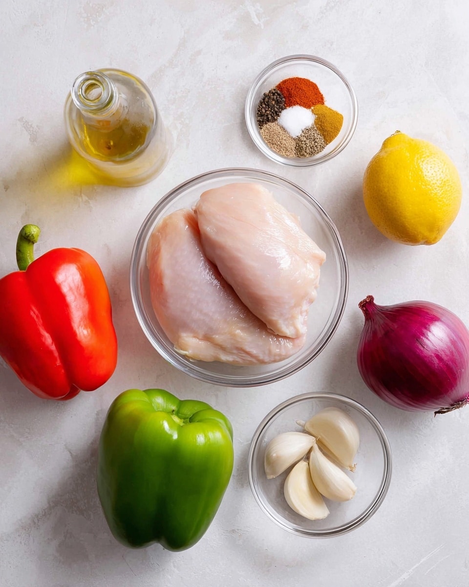 A clear bowl in the center holds two raw chicken pieces, pale pink with smooth, slightly shiny surfaces. Around it are colorful fresh vegetables and seasonings laid on a white marbled surface: a large bright red bell pepper with a glossy skin at the bottom left, a vibrant green bell pepper with a shiny surface below it, a whole yellow lemon with a textured peel at the top right, a deep purple onion with a slightly glossy skin next to the lemon, and a small clear bowl at the bottom right containing three peeled garlic cloves. Above the chicken bowl is another small clear bowl holding several spices with colors ranging from brown, black, white, to reddish orange, and to the top left is a clear glass bottle of golden olive oil with a narrow neck. The whole scene is light and clean, with the white marbled texture showing through between the ingredients photo taken with an iphone --ar 4:5 --v 7