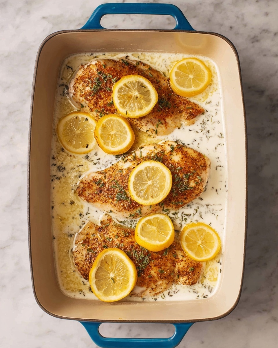 A blue-handled baking dish filled with four cooked pieces of seasoned chicken, each topped with a bright yellow lemon slice. The chicken has a golden-brown surface with herbs sprinkled on top and is surrounded by a creamy white sauce. The dish rests on a white marbled surface. photo taken with an iphone --ar 4:5 --v 7