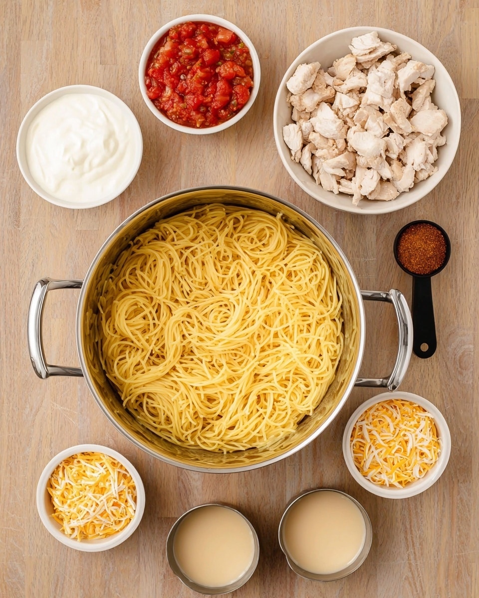 A large silver pot filled with cooked thin yellow spaghetti noodles is centered at the bottom of the image, with its two shiny handles visible on each side. Above the pot, there are six small white bowls and containers arranged in a loose semicircle on a light brown wooden surface, each containing different ingredients. Starting from the top right, one bowl is filled with small pieces of cooked white chicken with light brown grill marks. Moving left, a small bowl contains thick white sour cream with a smooth texture. Next, a bowl with chunky red salsa showing visible tomato pieces sits on the surface. Below the salsa, another small bowl is filled with a mix of shredded yellow and white cheese. At the bottom center, two small metal cups hold a light beige creamy sauce. Lastly, at the far right, a black two-level measuring spoon carries a heap of reddish-brown dry seasoning. The image is shot from above on a clean white marbled surface photo taken with an iphone --ar 4:5 --v 7