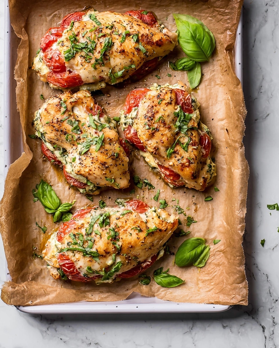 The image shows four stuffed chicken pieces on a white baking tray lined with brown parchment paper, placed on a white marbled surface. Each chicken piece has three main visible layers: the bottom layer is a light creamy filling with green herbs, the middle layer has thin red tomato slices, and the top layer is the cooked chicken skin, light golden with seasoning and sprinkled with chopped fresh green herbs. Around the chicken, there are scattered green basil leaves adding a fresh touch to the warm tones of the dish. Photo taken with an iphone --ar 4:5 --v 7