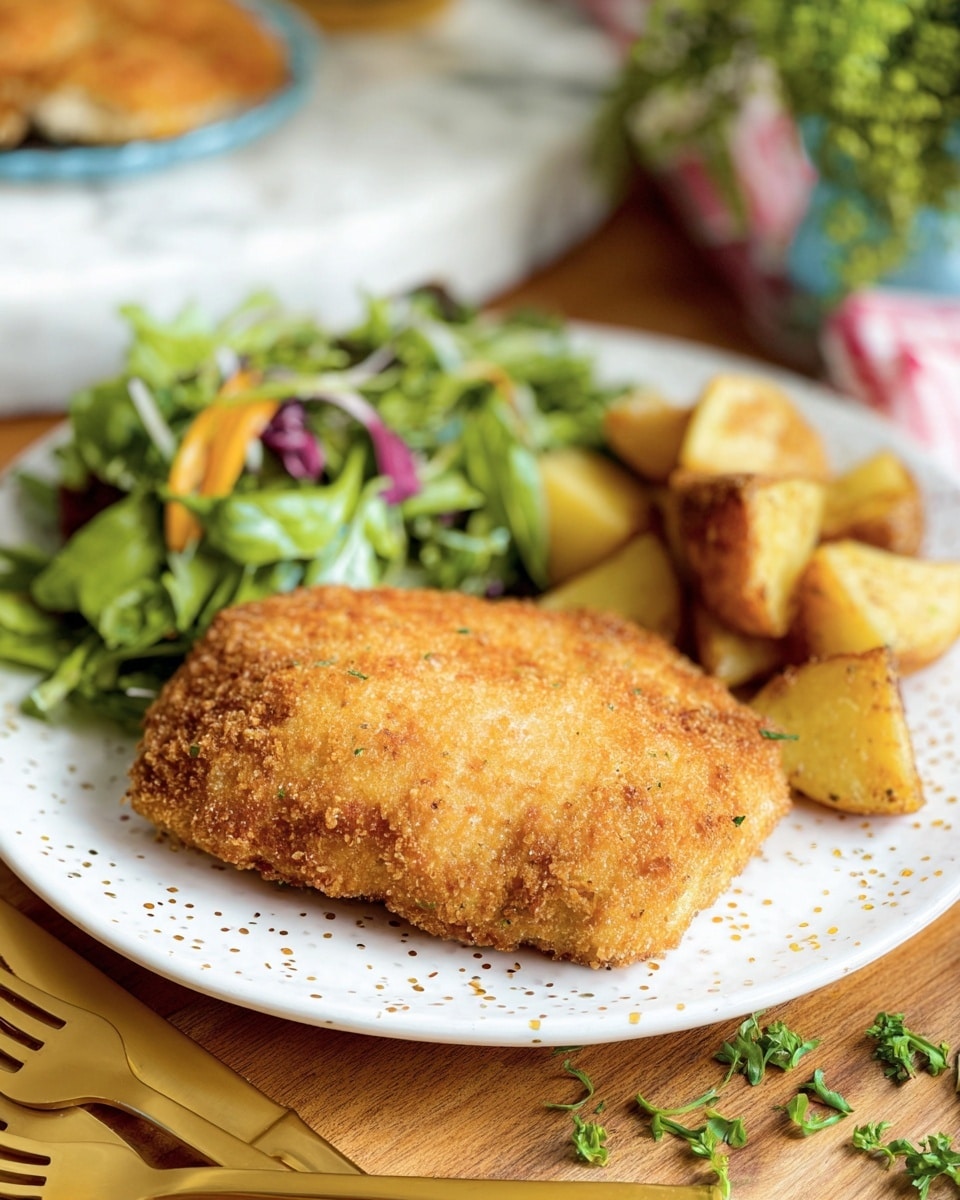 On a white plate with small light dots, there is one large, golden-brown breaded piece of meat in the front. Behind it, on the right side, are chunks of cooked potatoes with a slightly crispy outside and warm brown edges. On the left side, a fresh green salad made of different leafy greens with hints of orange and purple pieces adds a touch of color. The plate sits on a wooden table with gold-tipped cutlery below and some green herbs scattered nearby. In the background, soft shapes of other food items and a white marbled texture surface are visible, adding depth to the scene. Photo taken with an iphone --ar 4:5 --v 7
