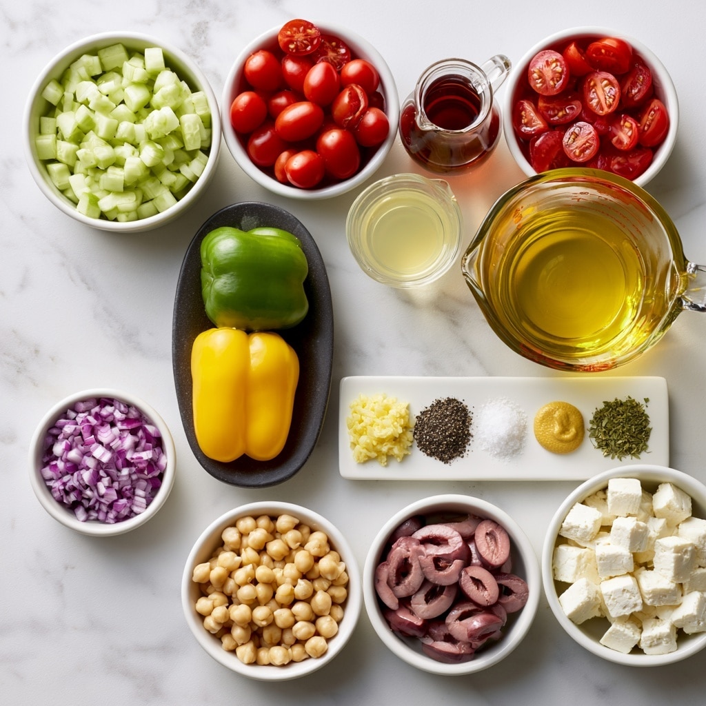 A white marbled surface holds multiple white bowls and a dark oval dish with fresh ingredients. Starting from the top left, a white bowl is filled with light green cucumber pieces. To the right, a white bowl contains red halved cherry tomatoes. Next to it, a small glass pitcher holds reddish-brown red wine vinegar, and below it is a small clear glass container with light yellow lemon juice. A clear glass measuring cup is filled with golden olive oil. Below that is a white rectangular dish with five small portions: pale yellow minced garlic, black pepper, white salt, a small dollop of mustard, and dried green oregano. On the left side, a small white bowl holds finely chopped purple onion. A dark oval dish in the center has two layers of chopped bell pepper: green on top and yellow below. Below that, a white bowl contains light beige chickpeas, and next to it, another white bowl holds light purple Kalamata olives, sliced. To the right, a white bowl is filled with white feta cheese cubes. The photo is taken with an iphone --ar 4:5 --v 7
