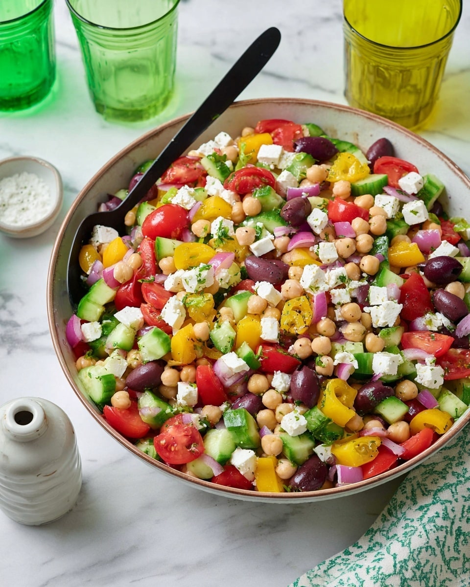 A large bowl filled with a colorful Mediterranean salad sits on a white marbled surface. The salad has multiple layers including small white cubes of feta cheese scattered evenly on top, bright yellow pieces of bell pepper, chunks of green cucumber, halved red cherry tomatoes, dark purple halved olives, beige chickpeas, and small bits of purple onion. The salad is mixed thoroughly showing the vibrant colors and textures together. A black spoon rests inside the bowl, leaned against the side. In the background, there are two translucent glasses, one green and one yellow, along with a white salt shaker and a cloth with green and white patterns. photo taken with an iphone --ar 4:5 --v 7