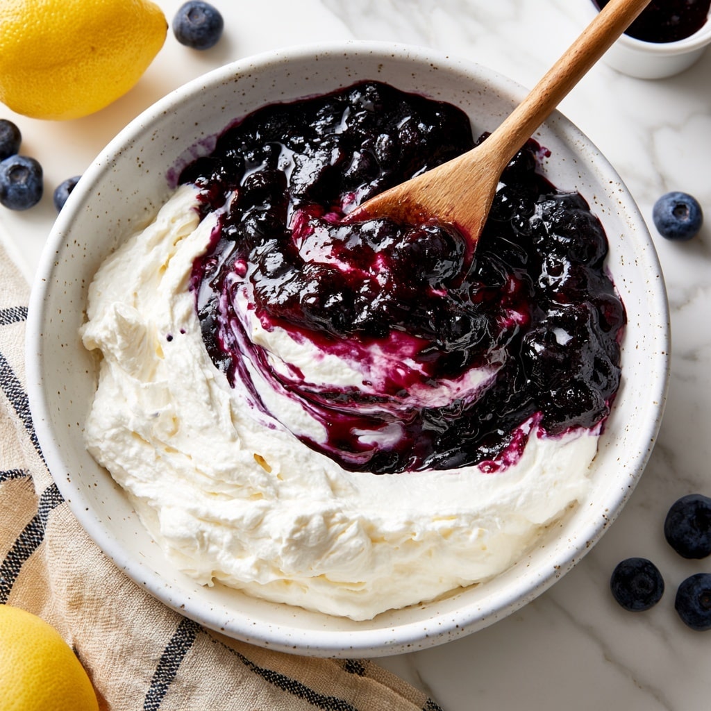 A white speckled mixing bowl sits on a white marbled surface with a beige and black checkered cloth partially underneath. Inside the bowl, there are two main layers: the bottom layer is thick white whipped cream with a smooth, fluffy texture, and the top layer is a glossy dark purple-blue blueberry sauce being stirred in with a wooden spoon, creating streaks of color mixing through the cream. Scattered around the bowl on the surface are fresh whole blueberries and a bright yellow lemon, with a small white cup holding more dark sauce visible near the top right. Photo taken with an iphone --ar 4:5 --v 7
