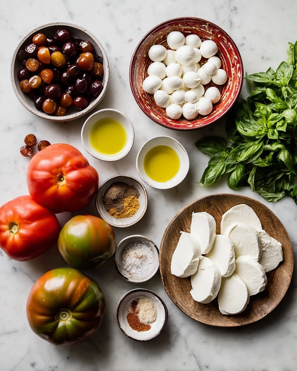 The image shows a white marbled surface with ingredients arranged neatly: a bowl filled with small white mozzarella balls placed near the center-right in a ceramic bowl with red and earthy tones; below that, a round wooden plate holds several white mozzarella slices laid in overlapping layers; next to the mozzarella slices, four large heirloom tomatoes in red and green tones sit closely together; to the top-left, a bowl filled with small dark reddish-brown cherry tomatoes is placed, with some cherry tomatoes scattered around it; small bowls containing yellow olive oil, salt and pepper mix, finely chopped garlic, and brown sugar are spaced evenly around the ingredients; on the top-right side, a bunch of fresh green basil leaves is placed. Photo taken with an iphone --ar 4:5 --v 7