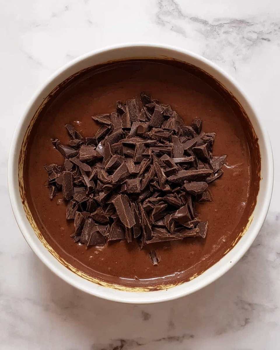 A white bowl filled with smooth, rich, dark brown chocolate batter forming the base layer. On top of the batter is a layer of irregularly shaped dark chocolate chunks that add texture and contrast in a scattered pile. The bowl sits on a white marbled surface that enhances the deep chocolate colors, with some batter visible on the inner sides of the bowl, showing it's freshly made. photo taken with an iphone --ar 4:5 --v 7