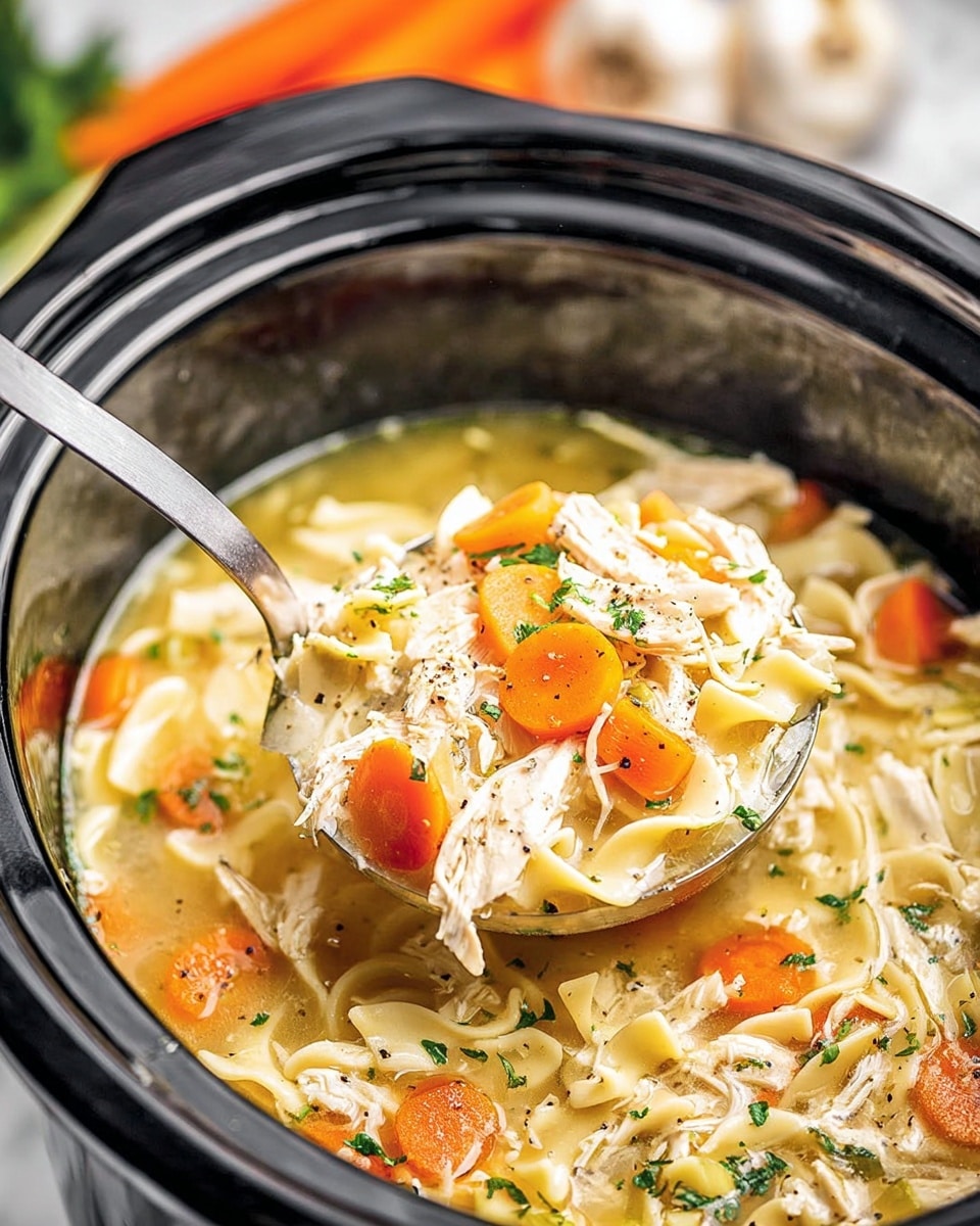 A close-up shot of a black slow cooker filled with chicken noodle soup, showing layers of light orange carrot slices, pale yellow celery pieces, shredded white chicken, flat cream-colored noodles, and clear light yellow broth. Small green parsley bits are scattered throughout the soup, with black pepper sprinkled on top. A silver ladle lifts a portion of the soup, emphasizing the mix of vegetables and chicken inside. The background shows a white marbled surface with blurred vegetables and garlic. Photo taken with an iphone --ar 4:5 --v 7