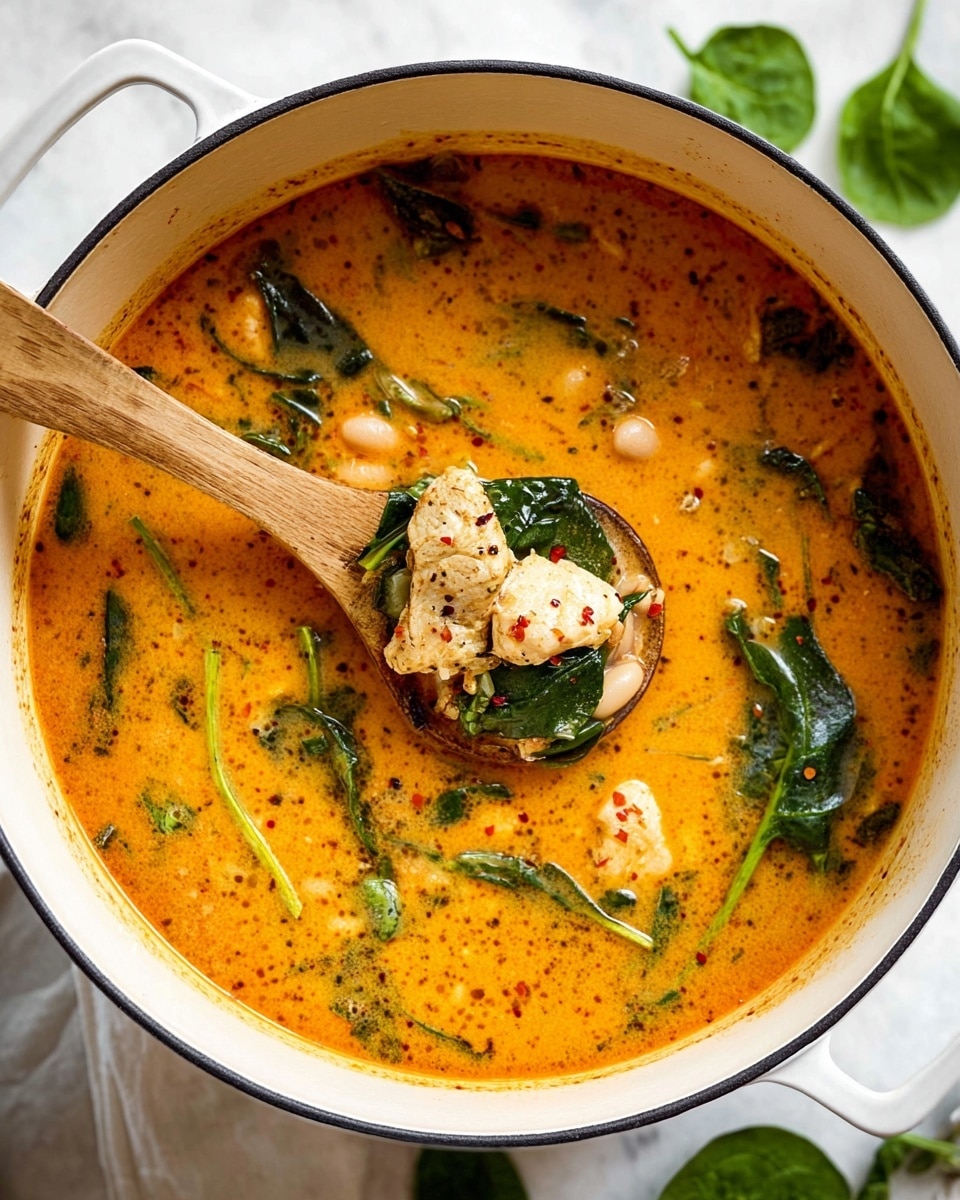 A white pot filled with a creamy orange soup with visible textures of herbs and spices mixed throughout the broth. Floating in the soup are small light-colored chunks of chicken, large white beans, and vibrant dark green spinach leaves. A wooden spoon inside the pot holds a piece of chicken, some beans, spinach, and bits of onion, all coated in the thick soup. The pot rests on a white marbled surface with a few loose spinach leaves nearby. photo taken with an iphone --ar 4:5 --v 7