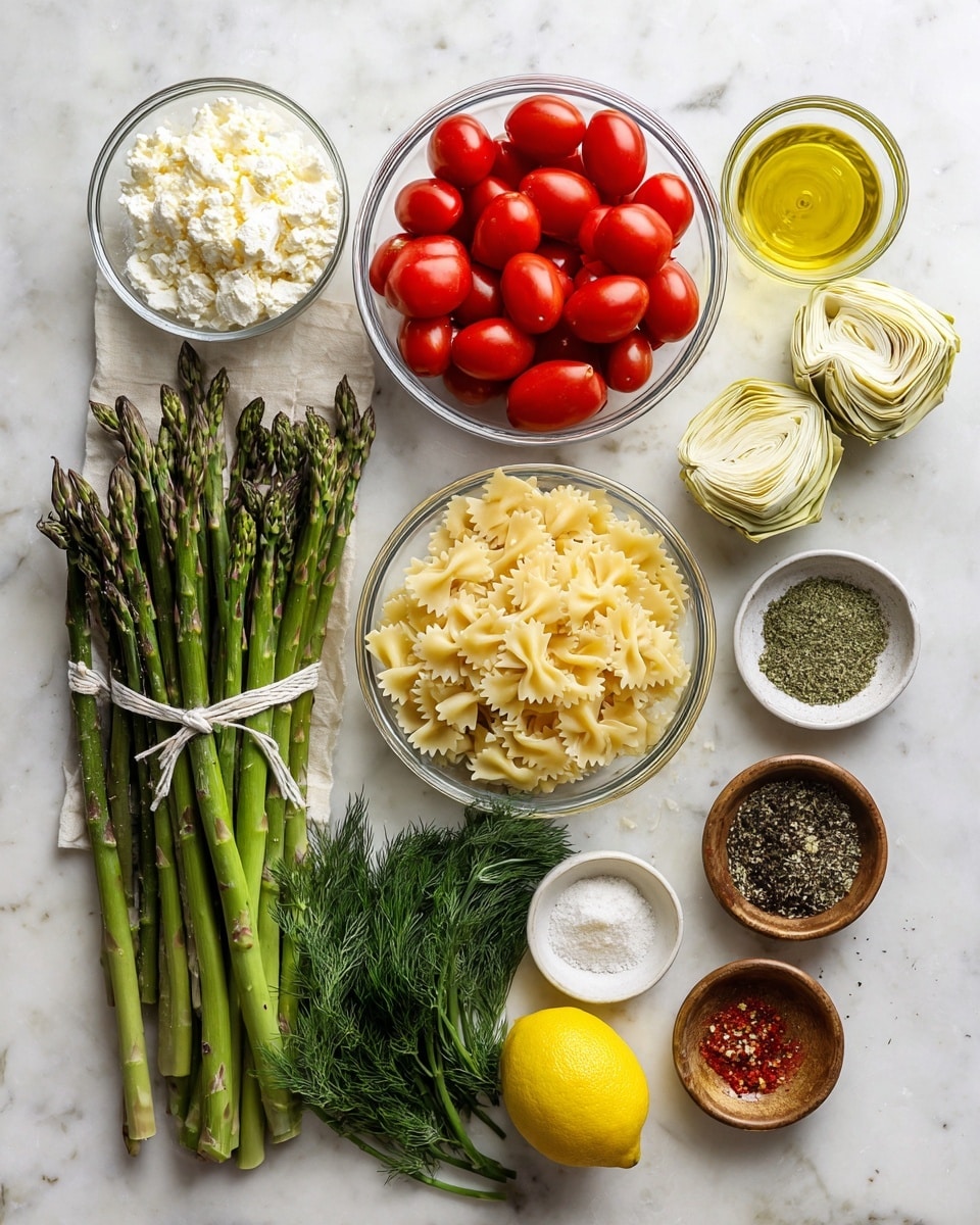 The image shows a top view of many ingredients neatly arranged on a white marbled surface. There are clear glass bowls with bright red grape tomatoes, white crumbled cheese, pale yellow wrapped artichoke hearts, grated Parmesan cheese, golden olive oil, and light golden-colored bowtie pasta. Fresh green asparagus stalks are tied with white string centered lower left, next to vibrant green scallions and leafy dill. A single bright yellow lemon is on the right, and a small white bowl contains dried herbs and garlic powder. Small wooden bowls hold salt, black pepper, and crushed red pepper near the bottom right. The ingredients are evenly spaced, creating a clean and colorful layout. Photo taken with an iphone --ar 4:5 --v 7