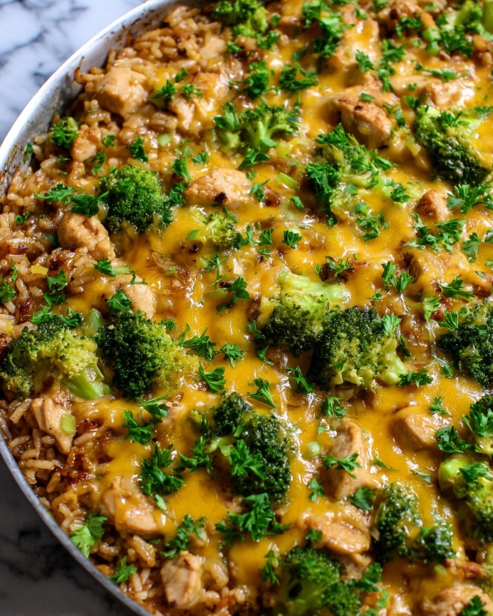 The image shows a close-up of a cooked dish with several layers: the bottom layer is a mix of brown rice and small pieces of light brown cooked chicken with a slightly browned texture, spread evenly across the pan. On top, there are bright green broccoli florets scattered throughout, some with a slightly soft texture. Covering the dish is a melted yellow cheese layer, which looks creamy and has small browned spots. The entire dish is sprinkled with fresh chopped green parsley, adding a fresh touch of color. The food fills a pan that sits on a white marbled surface. photo taken with an iphone --ar 4:5 --v 7