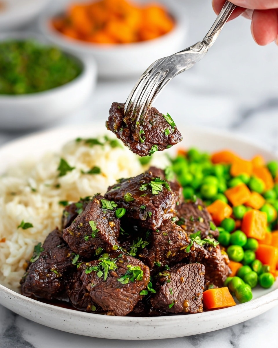A white plate with a serving of cooked dark brown pieces of meat topped with chopped green herbs, placed mostly on the left side. On the right side, there is a mix of bright green peas and orange carrot cubes. Behind this, there is a layer of white rice. A silver fork held by a woman's hand lifts a few pieces of the dark brown meat garnished with green herbs above the plate. The background has bowls with green and orange mixtures on a white marbled surface. Photo taken with an iphone --ar 4:5 --v 7