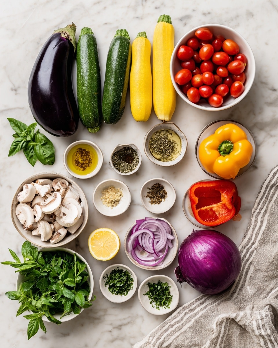 The image shows an arrangement of fresh vegetables and small bowls with ingredients placed on a white marbled surface. Starting from the top left, there is a large dark purple eggplant, followed by two green zucchinis, then two yellow squashes side by side. To the right, a white bowl is filled with bright red cherry tomatoes. Below the vegetables, there are fresh green basil leaves to the left, a white bowl with sliced white mushrooms next to it, and whole red and orange bell peppers. A whole purple onion is placed to the right of the peppers. In the bottom left area, there are fresh parsley leaves, a halved lemon with the cut side up, and several small white bowls arranged closely together. These bowls contain finely chopped garlic, mustard, honey, salt, black pepper, finely chopped fresh herbs, dried herbs, and thinly sliced red onion rings. A beige cloth with gray stripes is partially spread on the lower right corner of the surface. photo taken with an iphone --ar 4:5 --v 7