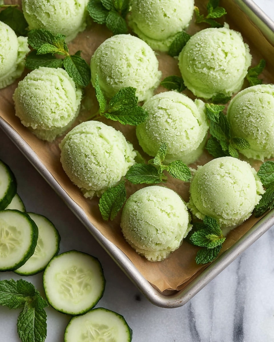 The image shows a tray lined with brown paper on a white marbled surface, filled with small, round scoops of light green sorbet. Each scoop has a rough, slightly crumbly texture, arranged closely in a grid-like pattern with sprigs of fresh green mint leaves scattered between and around them. In the bottom left corner of the image, several cucumber slices with pale green centers and darker green edges rest on the white marbled surface near the tray. The overall look is fresh, cool, and inviting, with the bright mint leaves adding a pop of deep green color. Photo taken with an iphone --ar 4:5 --v 7